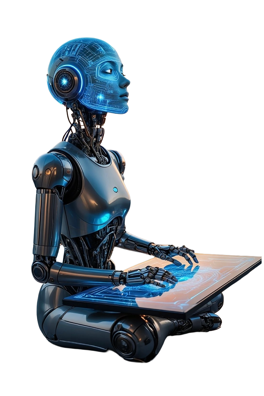 Female AI Robot optimizing workflows on a laptop